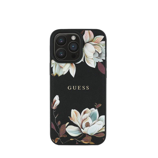 GUESS - Magsafe Grained IPhone 16 Pro Black Case with Printed Flower Pattern - My Store