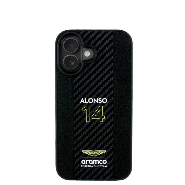 ASTON MARTIN - Aramco Magsafe F1 - Genuine Black IPhone 16 Leather Case - My Store