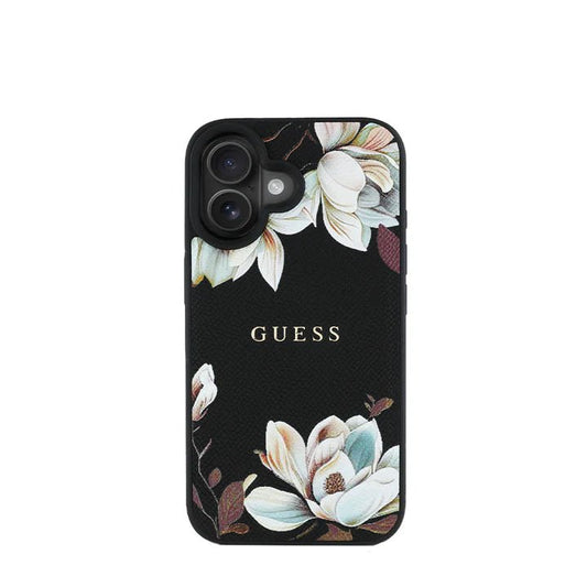 GUESS - Magsafe Grained IPhone 16 Black Case with Printed Flower Pattern - My Store