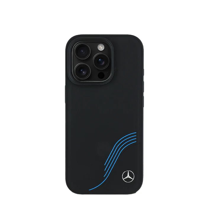 MERCEDES - Magsafe Case IPhone 16 Pro Max Black Genuine Leather W/ Blue Curves - My Store